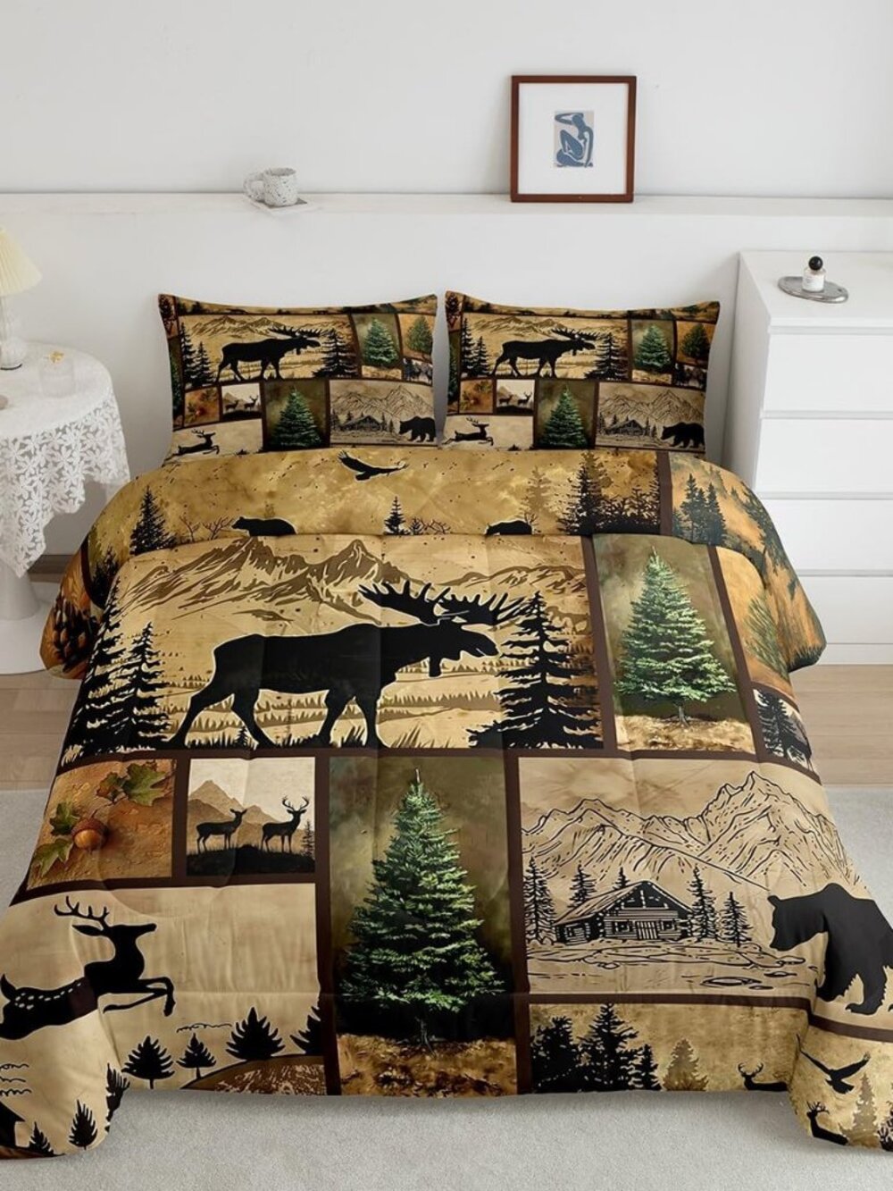 Hunting Deer Bear Comforter Set King Size, Rustic Farmhouse Bedding Set for Kids